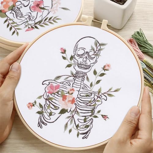 Yangshine 2 Sets Human Anatomy Embroidery Kit for Beginners,Flower with Skull Patterns Cross Stitch Kits,Including Embroidery Hoops, Fabric,Color Threads,Needles,Instructions and Tool Kit - color: Multicolor