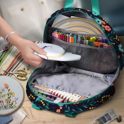 FINPAC Embroidery Project Bag, Embroidery Kits Storage Carrying Tote Bag - color: Navy Bloom