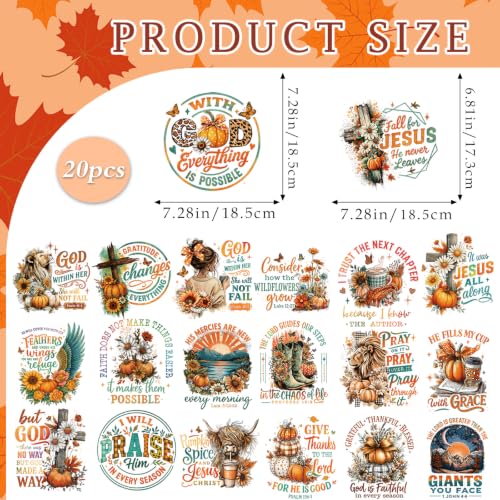 Dazoratix Fall Christian Iron on Transfers - 20 Sheets Religious Autumn DTF Ready to Press Bible Verse Jesus Pumpkin Heat Patches Faith Stickers Vinyl Decals for T Shirts Clothes Pillow Bag DIY Crafts - style: Fall Christian