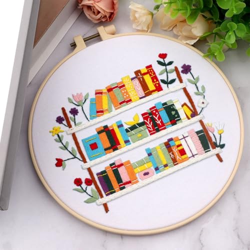 Embroidery Kit for Beginners, Needlepoint Kits for Adults with Bookshelf Stamped Pattern Hand Crafts, Adults Starter Cross Stitch Kit DIY Needlepoint with Hoop, Needles Stamped Patterns DIY Supplies - color: Bookshelf