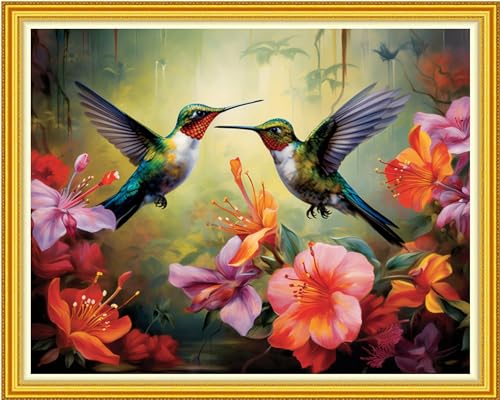 DMCVIVR Stamped Cross Stitch Kits for Beginners Adults Needlepoint Kits for Beginners Embroidery Kits for Adults Crossstitch Kit for Beginners 11CT-Hummingbird Flowers 16x20 inch, ArtKits18 - color: ArtKits18