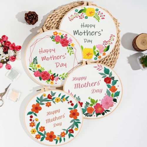 ORIGACH 4 Pack Embroidery Kits for Mother's Day Gift, DIY Floral Embroidery Kit with Garland Patterns and Instructions for Adult - color: Floral