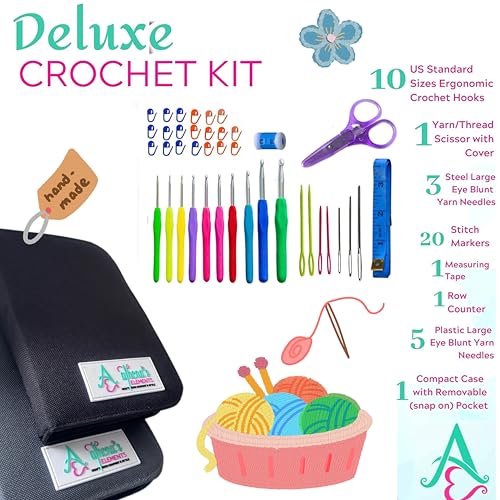 Athena's Elements 100% Accurate USA Standard Sizing - Perfect Crochet Hooks Case, Set with Removable Pocket, Complete Knitting Accessories (Black) - color: Black