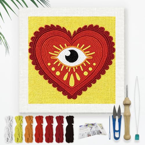 Doodlream Love Eye Heart Needle Kit for Beginner, 9.4"x 9.4" Boho Punch Stitching Craft Set, Red DIY Embroidery Starter with Printed Frame, Instruction, Threader, Yarn, Pinch Needle - color: Eye