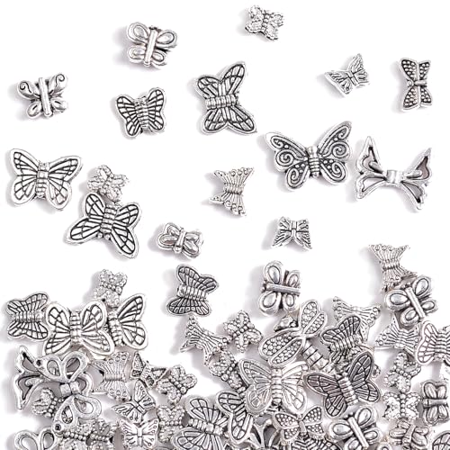 stino Silver Metal Spacer Beads for Jewelry Making, Heart Butterfly Flower Fish Beads for Bracelet Necklace Earrings,Jewelry Findings & Supplies, 50g (Butterfly (60pcs)) - color: Butterfly (60pcs)