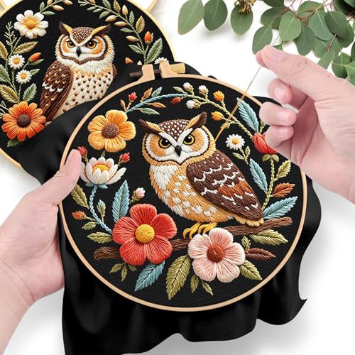 ERKOON Embroidery Kit for Beginners, 2 Set Flower Cross Stitch Set Include Embroidery Cloth Hoops Threads for Craft Lover Hand Stitch with Embroidery Skill Techniques (Owl) - color: Owl