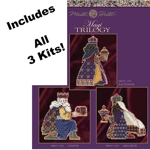 Mill Hill Nativity Magi Kings Trilogy (2011)! Set of 3 Beaded Cross Stitch Kits - Balthasar, Gaspar and Melchior Plus Decorative 'Needleworker' Sticker
