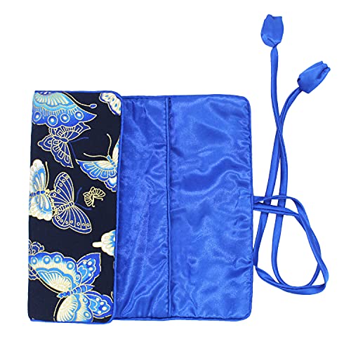 SmilerSmile Jewelry Travel Bag Embroidery Travel Jewelry Organizer with Tie Close Embroidered Flower Jewelry Roll for Women Girls (Butterfly/D Blue) - color: 01 D Blue