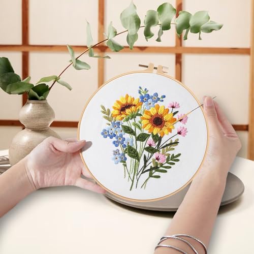 Ohcol 3 Sets Embroidery Kit for Beginners Cross Stitch Kits Needlepoint Kits Crafts for Adults with 3 Embroidery Hoops Easy-to-Follow Operating Instructions,Needle Point Kits with Flowers Patterns - color: Flowers (3 Patterns, 3 Hoops + Extas)