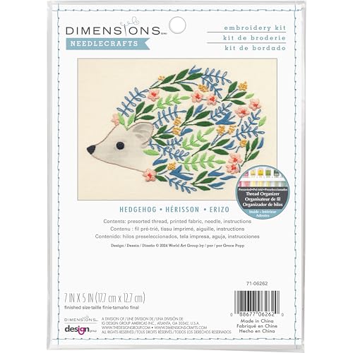 Dimensions 71-06262 Hedgehog Embroidery Needlepoint Kit for Beginners with Printed Fabric, 7" x 5", Multicolor, 4 Pieces - style: Hedgehog