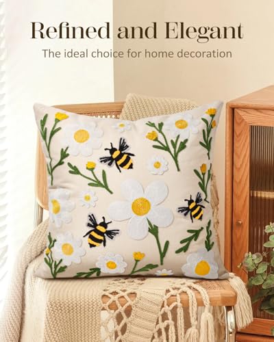 Embroidered Throw Pillow Cover 18x18 Inch, Flower Bee - color: Flower Bee, size: 18" x 18" (Pack of 1)