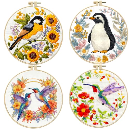 FEIYUENO 4 Pack Bird Cross Stitch Embroidery Kits for Adults (Hummingbird) - color: Hummingbird