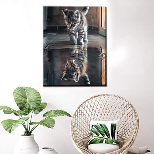 DIY Paint by Numbers for Adult Animal Reflection Black White Kitten or Tiger Canvas Oil Painting Acrylic Watercolor Paint Kits for Beginner Kids Home Bedroom Wall Art Decor 16''W x 20''H（Manual Frame） - color: Art-11, size: 16''Wx20''H(DIY Frame)