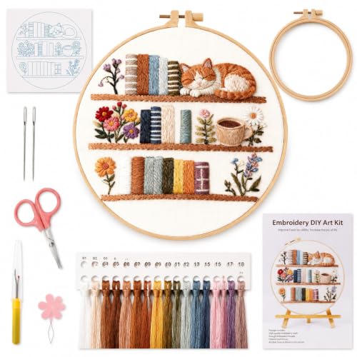 TopHand Reading Tracker 8" Embroidery Kit for Beginners, DIY Bookshelf Stamped Cross Stitch Kit with Blank Spines to Customize, Hand-Stitched Bookish Decor, Floral Threads (Flowers + Books + Cats)