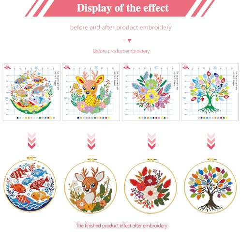 Zhenqing 4 Pack Nature Stamped Cross Stitch Kit for Adults and Beginners, 11CT Printed Fabric Deer Tree Fish Flower Patterns with Hoop, Threads, Needles, Scissors, Threader, Guide - color: Deer Tree Fish Flower