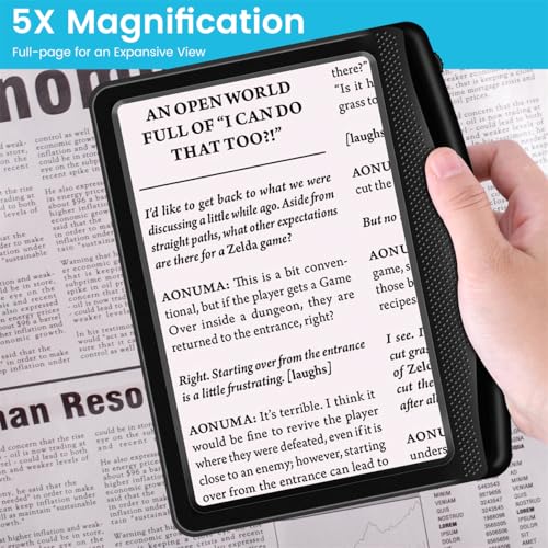 Rechargeable 5X Magnifying Glass for Reading, Large Bright Full Page Magnifier with Light, Handheld LED Dimmable Lighted, Lightweight Book Magnifier for Reading Small Prints Seniors Low Vision - color: Black