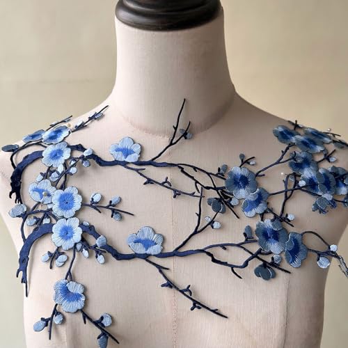 2pcs Iron on Plum Flower Applique Blue Color Embroidery Vine of Floral for Clothing,Costumes - color: Blue