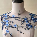 2pcs Iron on Plum Flower Applique Blue Color Embroidery Vine of Floral for Clothing,Costumes - color: Blue