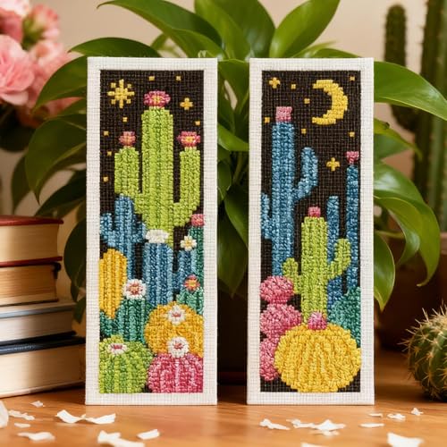 INFUNLY 6pcs Dark Cactus Cross Stitch Bookmark Kit for Beginners DIY Cactus Grove Embroidery Bookmark Kits Night Plants Needlepoint Kit with Instruction Easy Cross Stitch Set for Book Lovers Readers - style: Cactus Jungle