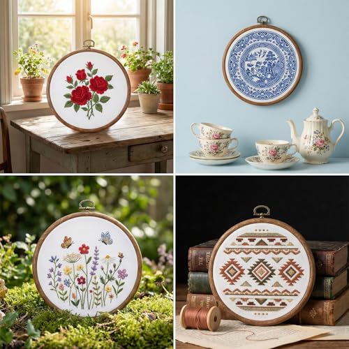 AOZUO 15 Pcs 4 Inch Round Embroidery Hoops, Imitated Wood Embroidery Frame Cross Stitch Circle Rubber Hoop Ring for Art Craft Sewing and Hanging Ornaments Decor Display