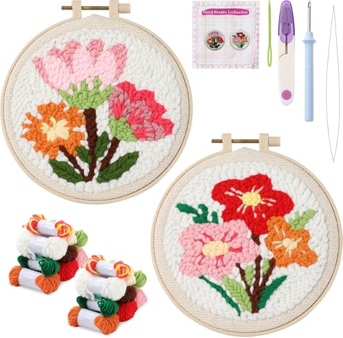 ojustbeok 1 Set Punch Needle Embroidery Starter Kits Includes Punching Needling Fabric with Pattern, Yarns, Embroidery Hoops, Sewing Needles, Instruction for Adults Beginner DIY Handmade Crafts Gifts