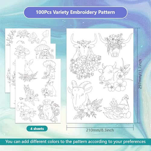 4 Sheets Water Soluble Embroidery Stabilizers 11.69x8.27 Inches Animal Stick and Stitch Embroidery Paper Adhesive Embroidery Transfer Paper with Ox Bird Pattern for Shirts Bags - style: Animal