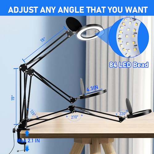Large 10X Magnifying Glass with Light and Stand, LED Desk Lamp with Clamp, 5 Color Mode, 10 Dimmable Levels, Hands Free for Reading Crafts Jewelry Sewing Close Work - color: Black, size: Large Clamp