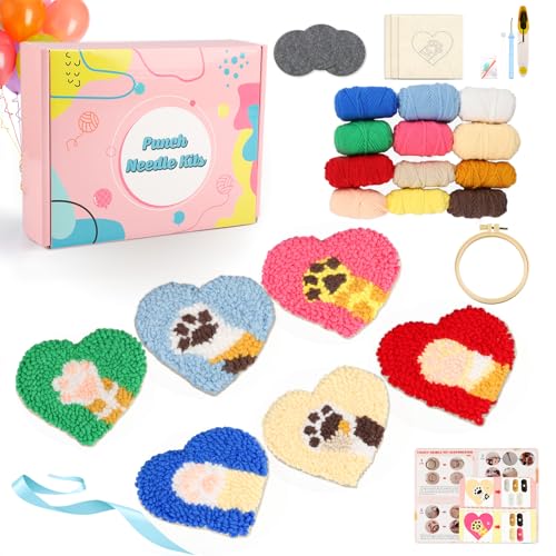 AIRDEA Punch Needle Drink Coasters Kit,Casual Punch Needle Embroidery Complete Kits for Beginner 3.29x3.29 Inches,Included All Accessories,DIY Car Coasters (Box-red Blue Beige) - color: Box-red blue beige