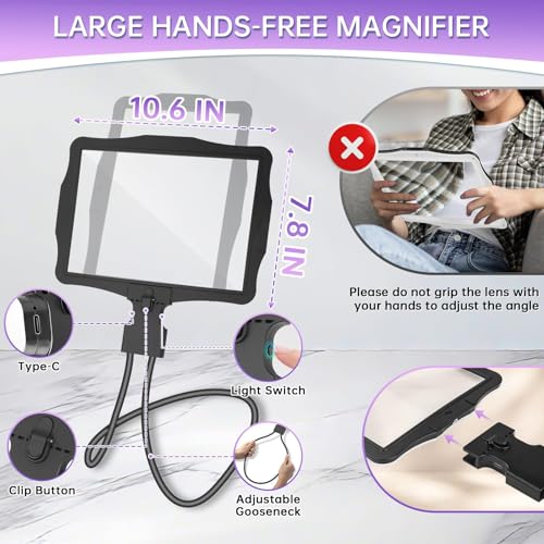 Large 10X Rechargeable Hands Free Magnifying Glass for Reading with Light