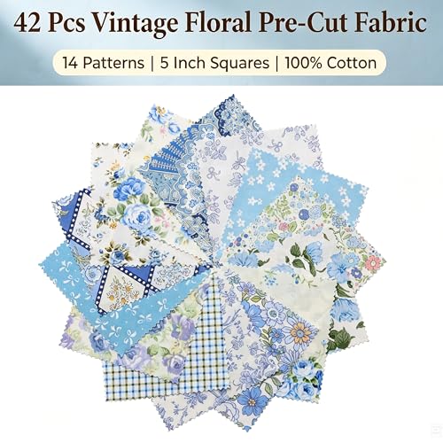 42 Pcs Blue Quilting Fabric Squares 5 x 5 Inch Cotton Precut Charm Pack - color: Sunshine Blooms, size: 5 inch Charm Packs