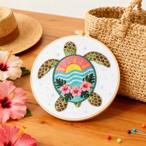 BEUNITONE 4 Sets Sea Turtle Embroidery Kits for Beginners DIY Craft Kits for Adults with Printed Patterns, Hoops and Instructions, Hibiscus Flower Needlepoint Kits for Clothing and Home Decor - style: A-Sea Turtle