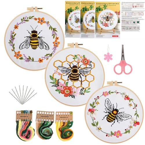 Konrisa Embroidery Kits for Adults Beginner, European Style Bees Collect Honey Stamped Embroidery Starter Kit,DIY Sewing Practice, Needlepoint Cross Stitch Kit,Set of 3 - color: bee