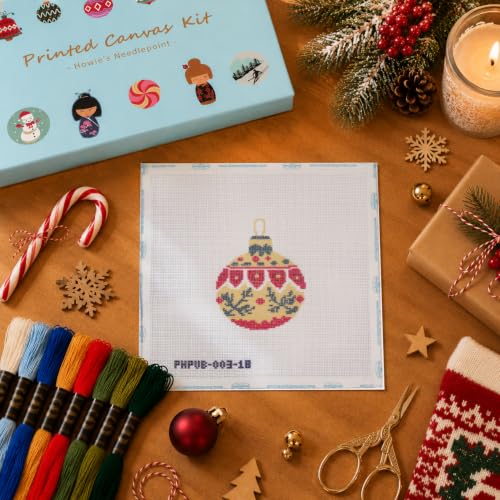 Howie's Needlepoint Festival Bauble Needlepoint Kits for Adults & Beginners, 18 Mesh Printed Needlepoint Canvas, Stamped Patterns Canvas Starter Kits(Golden Meadow Bauble,4"x 4") - color: Golden Meadow Bauble