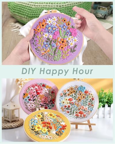 ERKOON 4 Sets Embroidery Kit for Beginners,Hummingbird and Flower Cross Stitch Set for Include Embroidery Cloth Hoops Threads for Craft Lover Hand Stitch (Flower) - color: Flower