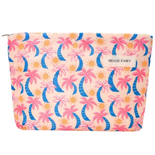 Pink Palm Tree Makeup Bag Zipper Cosmetic Toiletry Pouch Summer for Travel - color: Coco Seaside