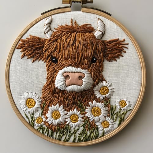 DIY Punch Needle Kits Highland Cow and Daisy Flowers with Hoop 20x20cm-7 - color: 01-Highland Cow