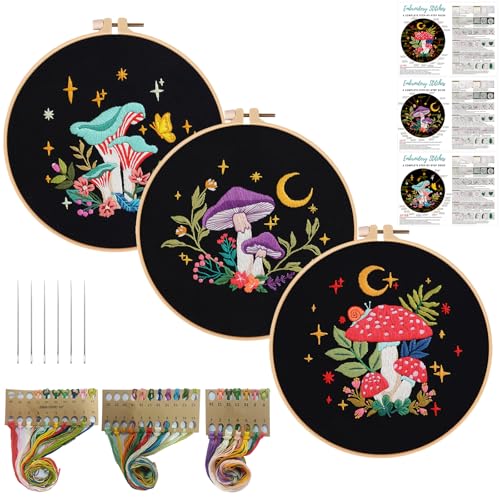 Nuberlic 3 Pack Embroidery Kit for Beginners, Mushroom Cross Stitch Kit - color: Kit 1