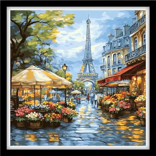Fanxvivy Counted Cross Stitch Kits for Adults 11CT Unprinted Cross-Stitch Patterns Embroidery Kits Easy Cross Stitching Needlepoint Kits&Flower Street Tower at Dusk 18x18 inch - color: DIY-craft26