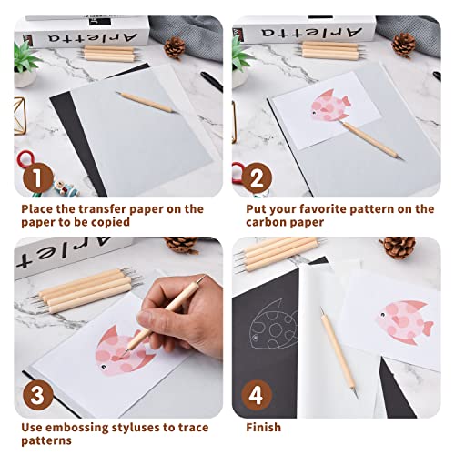 50 Sheets Carbon Paper Graphite Paper White Carbon Transfer (8.5 x 11.5 inch) Tracing Papers with 5 PCS Embossing Styluses Dotting Tools for Wood Paper Canvas Craft - color: White-50