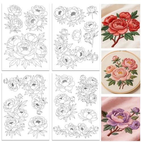 ORIGACH 4 Sheets 16 Pcs Water Soluble Embroidery Patterns Stabilizers - Pre-Printed Blooming Peony Bouquet Designs - Stick & Stitch Embroidery Paper for Hand Sewing Lovers - color: Blooming Peony Bouquet
