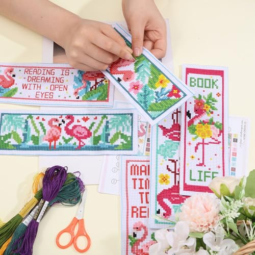 ORIGACH 6 Pcs Cross Stitch Bookmark Kit for Beginner Flamingo Bird Pattern Stamped Embroidery Stitch Kits for Starter DIY Bookmarks Printed Cross Stitch Kits for Book Lovers - style: Flamingo