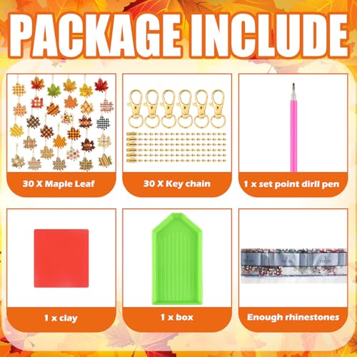 WILLBOND 30 Pcs Fall Thanksgiving Diamond Art Keychains for Adults, Maple - color: Maple Leaf
