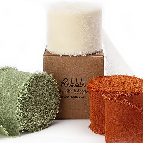 Ribbli Fall Ribbon 1.5 inch x 30 Yard Handmade Silk, Ivory/Dusty Sage/Terracotta Fringe Chiffon Ribbon for Wedding Invitations, Bridal Bouquets Wrapping, Flower Arrangement Decoration - color: Ivory/Dusty Sage/Terracotta