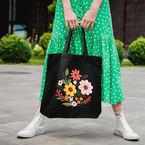 Louise Maelys Halloween Embroidery Kit Canvas Tote Bag with Flower Pattern - color: flower 1