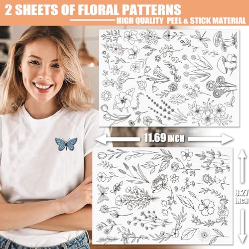 Patemby Embroidery Pattern Water Soluble Embroidery Stabilizers, Stick and Stitch Embroidery Paper Wash Away with Pre-Printed Pattern Designs Stencils Transfers for Hand Sewing Lover Beginner - color: Floral