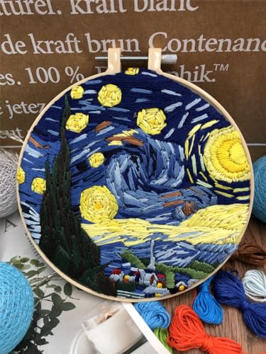 Meecaa Starry Sky Moon Embroidery Kit Starter Set, Hand Embroidery Set,Pattern Printed Cross Stitch Set for Beginner Adults, with Embroidery Hoop and Instructions (Starry Sky) - color: Starry Sky