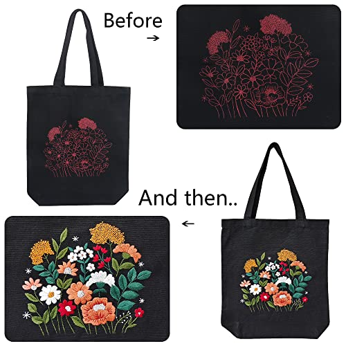 MAMUNU Canvas Tote Bag Embroidery Kit with Pattern for Beginners, Arts and DIY Crafts Kits for Adults, Include Instructions Embroidery Bag, Embroidery Hoops, Color Threads and Tool (Black) - color: Black