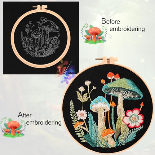 Mushroom Embroidery Kit for Beginners Adults, Stamped Hand Embroidery Kit, Embroidery Starter Kit with Floral and Mushroom Design, Cross Stitch Kits with Printed Embroidery Cloth and Embroidery Tools - color: Black Multi