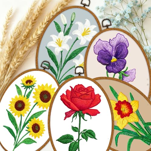 INFUNLY 6 Pack Elliptical Shape Embroidery Starter Kit for Beginners Flowers DIY Embroidery Kits for Adults Sunflower Rose Stamped Needlepoint Set with Step-by-Step Instructions Craft Lover Gift - style: Elliptical