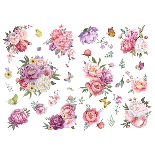Joeyan Floral Rub On Transfers for Furniture and Crafts,2 Large Sheets - style: Pink and Purple Peony